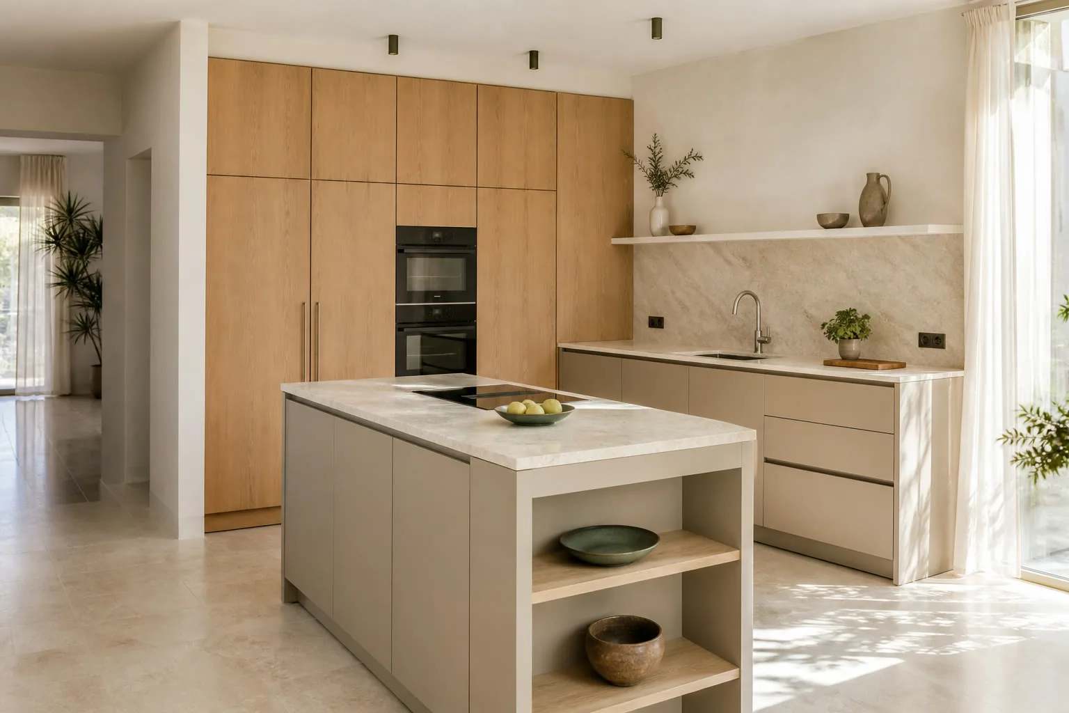 Detalle de cocina y mobiliario coordinado en tonos de madera
